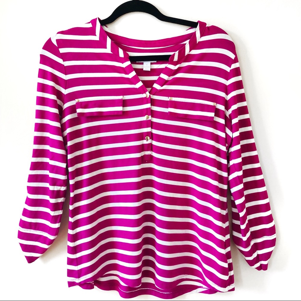 Charter Club Fuchsia Striped Split Neck Top Size M